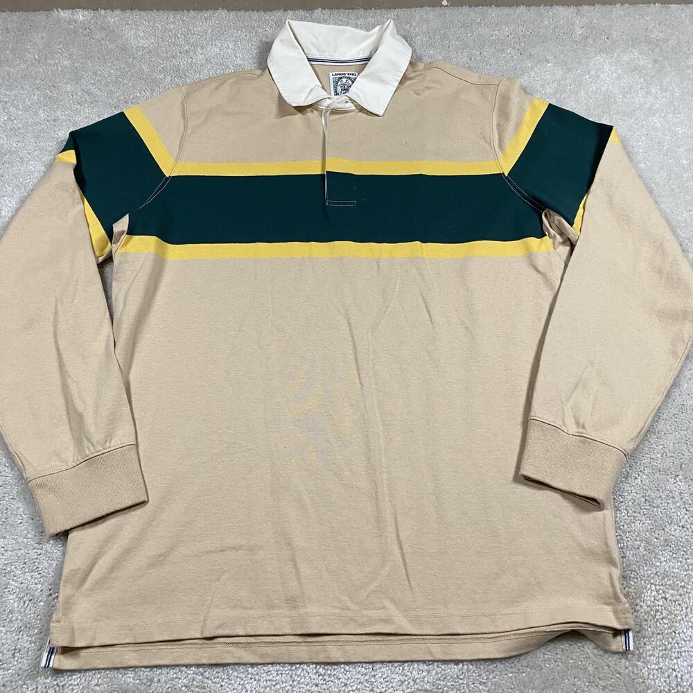 Lands' End Polo Shirt Mens XLT Tall Beige Rugby Stripe Long Sleeve Cotton Preppy
